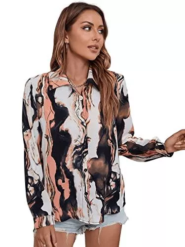SheIn Langarmblusen SheIn Damen Blusen Elegant Oberteil Casual Hemdbluse Langarm Tunika Bluse mit Knopfleiste und Grafikdruck