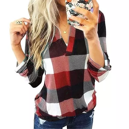 Ajpguot Langarmblusen Ajpguot Damen Bluse Casual Kariertes Hemd Elegant V-Ausschnitt Tunika Oberteile Langarm Lose Plaid Shirt Tops