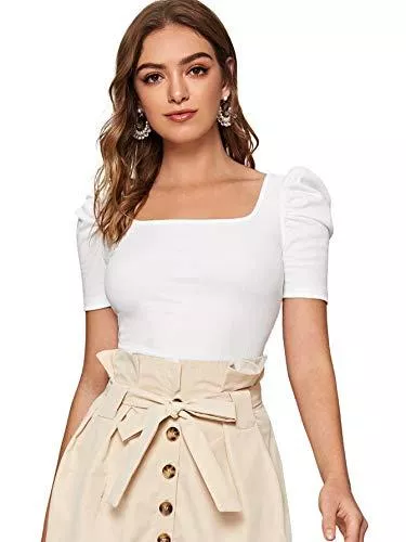 DIDK Langarmshirts DIDK Damen Strickshirt Langarmshirt Elegant Tops Pullover T-Shirt mit Puffärmeln Shirts Oberteile Einfarbig Pulli Casual Tunika Basic Top