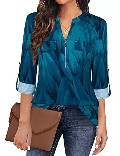 Siddhe Langarmblusen Siddhe Damen V-Ausschnitt Bluse 3/4 Ärmel Tunika Reißverschluss Langshirt Langarm Hemd Tops T-Shirt Oberteile Tunika Tops