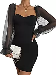 SheIn Party SheIn Damen Netz Figurbetontes Kleid Volant Ärmeln Elegant Vintage Bleistift Kleider Minikleid Partykleid Herzausschnitt Freizeitkleid