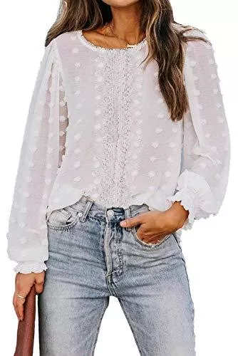 Maavoki Langarmblusen Maavoki Damen Chiffon Bluse Langarm Shirts Polka Dot Rundhals Oberteile Pom Pom Tops Shirt