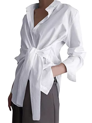 ZANZEA Langarmblusen ZANZEA V-Ausschnitt Bluse mit Bindegürtel Damen Shirt mit Knot Elegante Crop Langarmshirt Lässige Tunika
