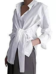 ZANZEA Langarmblusen ZANZEA V-Ausschnitt Bluse mit Bindegürtel Damen Shirt mit Knot Elegante Crop Langarmshirt Lässige Tunika