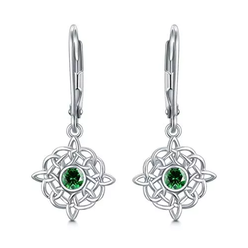SlowSloth Schmuck Hypoallergene keltische Grüne Kristall Ohrringe 925 Sterling Silber Keltische Leverback Baumeln Tropfen Ohrringe Keltische Schmuck Geschenke für Frauen Mädchen empfindliche Ohren