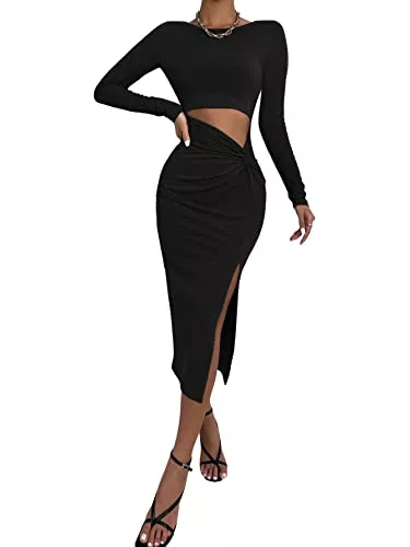 SheIn Party SheIn Damen Cut Outs Figurbetontes Kleid mit Twist Vorne Schlitz Partykleid Langarm Midikleid Vintage Kleider Elegant Freizeitkleid