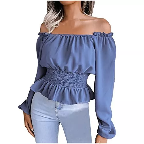 Masrin Langarmblusen Masrin Trendige Oberteile Damen Schulterfreies Vintage Korsett mit Rüschen Pullover mit Slash Neck Flare Ärmeln Langarmshirts Crop Tops Retro Hofbluse