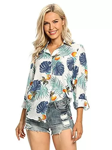 Aeslech Langarmblusen Aeslech Leichtes Hawaii-Hemd für Damen, mit Knopfleiste, bedruckt