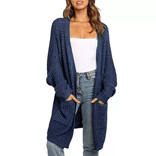 Shujin Strickjacken Shujin Damen Strickjacke Cardigan Lang Langarm V Ausschnitt mit Fledemaus Ärmel Oversize Strickmantel Strickpullover Offene Tops Strickcardigan Outerwear