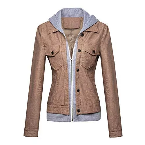 DISSA Jacken DISSA Damen Kunstleder Freizeitjacke Lederjacke Schlank Reißverschluss mit Kapuze Kurz Mantel,P30081