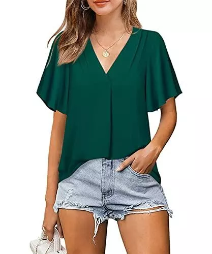 GRMLRPT Kurzarmblusen GRMLRPT Chiffon Blusen Oberteile Damen Bluse Elegant Damen Kurzarm V-Ausschnitt Sommer Hemden Casual Damen Kurzarmshirt(S-XXL,Mehrfarbig)