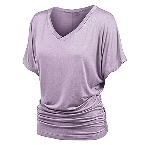Gkojhj Kurzarmblusen T-shirt Oberteile Damen V-Neck Loose Mode Einfarbig Rüschen Kurzarm-T-Shirt Straßenmode Basic Blusenoberteile Teenager Mädchen Hemd Bluse Hemd Tee Top