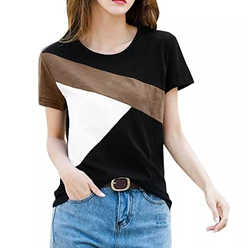 Generic T-Shirts Generic Karierte Damen Damen Casual Daily Shirts V-Ausschnitt Kurzarm T-Shirt T-Shirt Tops Tunika Slim Bluse Strandkleider Damen Sommer (Coffee, M)