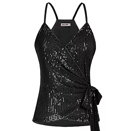 GRACE KARIN Tops GRACE KARIN Damen Spaghetti Tops V-Ausschnitt Pailletten Schleife Camisole Tank Trägertop Sparkle Party CL1460A22LSQ