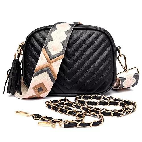YUHONLNOR Taschen & Rucksäcke YUHONLNOR Crossbody Bag Damen breiter Gurt umhängetasche Damen klein mit verstellbarem breitem Riemen und Kette,schwarz V1.