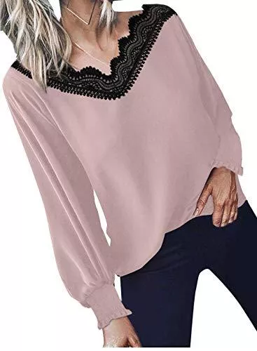Elegancity Langarmblusen Elegancity Damen Bluse V Ausschnitt mit Spitzen Schick Tunika Mit Laternenärmel Langarmshirt Elegant Hemd Dame Oberteile Blusen Tops S-2XL