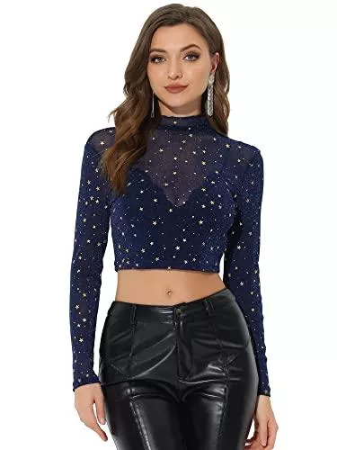 Allegra K Langarmblusen Allegra K Damen Tops Langarm Stern Mesh Durchsichtig Party Mock Neck Crop Oberteil Bluse
