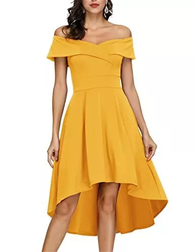 JASAMBAC Cocktail JASAMBAC Schulterfreies High-/Low Cocktailkleid Festliches Damenkleid A-Linie Kleider Hochzeit Party Cocktail Bdrautjungfern