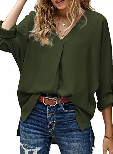 Dokotoo Langarmblusen Dokotoo Damen Bluse Elegant Oberteil Sommer T Shirt V-Ausschnitt Hemdbluse Vintage Bluseshirt Tunika Tops S-2XL