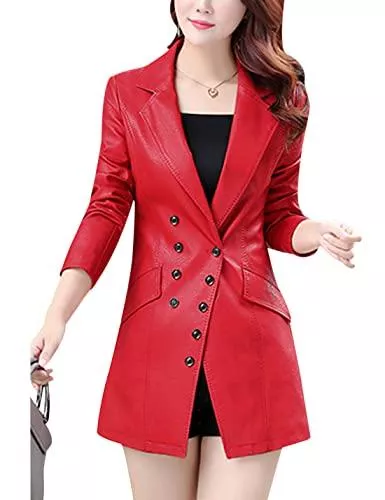 Tanming Blazer Tanming Damen-Blazer aus Kunstleder mit Knopfleiste