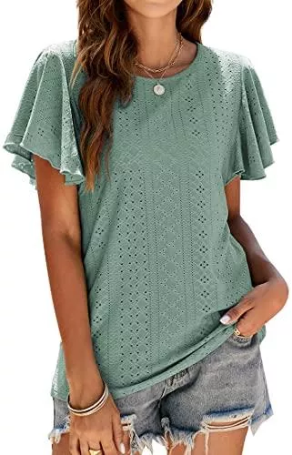 PANOZON Kurzarmblusen PANOZON Damen Sommer Oberteile Halb Glockenärmel Bluse Spitze Tunika Tops Rundhals Shirt mit Falten
