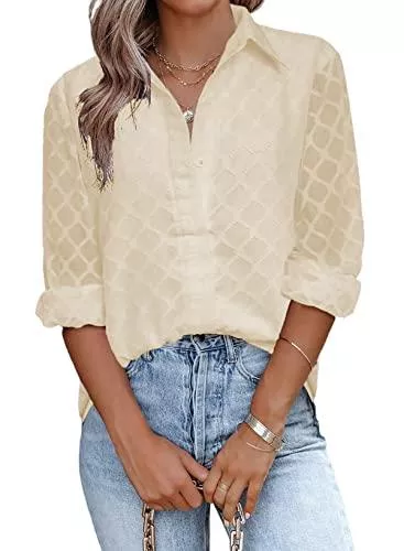 APOONABA Langarmblusen APOONABA Bluse Damen Elegant Oberteile Karierte Langarmshirts V-Ausschnitt Hemd Langarm Einfarbig Chiffon Shirts Vintage Tops mit durchsichtigen Ärmeln Frühling Sommer S-XXL
