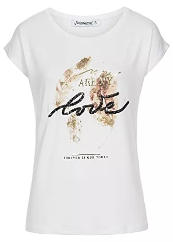 Seventyseven Lifestyle T-Shirts Seventyseven Lifestyle Damen T-Shirt mit Paillettenfront Herz Happy Print Weiss