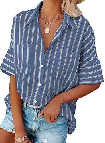 Kurzarmblusen FIYOTE Damen Oberteile Hemd Casual Bluse Elegant V-AusschnittLangarmshirt Tops Tunika 10 Farbe S/M/L/XL/XXL