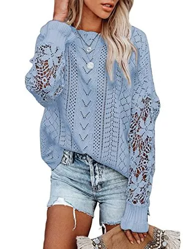 Dokotoo Pullover & Strickmode Dokotoo Pullover Damen Spitze Langarm Strickpullover Pulli Casual Rundhals Lose Oberteile Elegant Herbst Winter Langarmshirt Sweatshirt Tops S-XXL