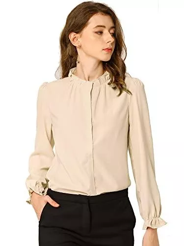Allegra K Langarmblusen Allegra K Damen Langarm Oberteil Stehkragen Rüschenhals Puffärmel Büro Button Chiffon Shirt Bluse