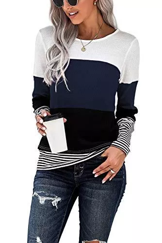KINGFEN Pullover & Strickmode KINGFEN Damen Langarmshirts Oberteile Pullover Rundhalsausschnitt mit Farbblock Longsleeve Herbst Winter Tops