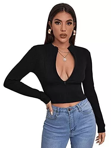 DIDK Langarmshirts DIDK Damen Strick Crop T-Shirt Langarm Poloshirt Slim Oberteile Pullover mit Reißverschlussleiste Langarmshirt Outfit