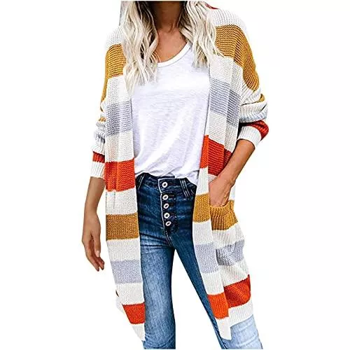 Rioge Strickjacken Rioge Damen Strickjack Lang, Casual Open Front Cardigan Mantel Herbst Winter Warm Strickmantel Damen Lang Mode Gestreifter Sweater Mantel mit Tasche