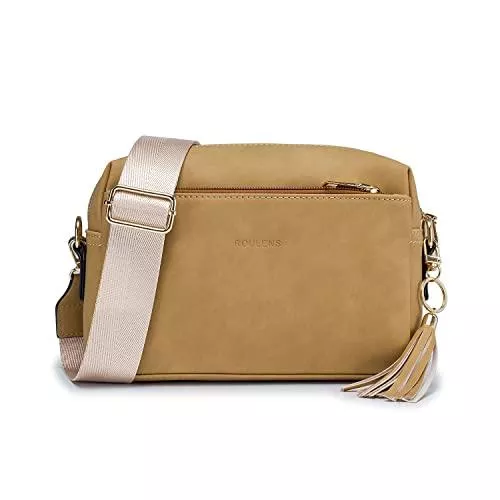 Roulens Taschen & Rucksäcke Roulens Damen Handy Umhängetasche,Veganem Leder Crossbody Schultertasche,Breiter Riemen Abendtasche mit drei Reißverschlussfächern Handtaschemit mit Kartenschlitz Verstellbar Abnehmbar Schultergurt