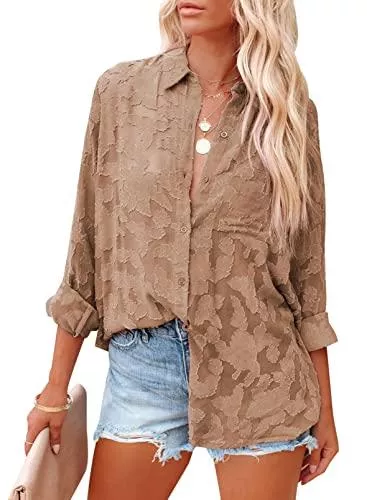 HOTAPEI Langarmblusen HOTAPEI Damen Blusen Elegant Hemden Oberteile Langarmshirt mit Knopfleiste V-Ausschnitt Chiffon Transparent Sassy Arbeit T Shirt Hemdbluse Mode Geblümte Top Loose Party S/M/L/XL/XXL