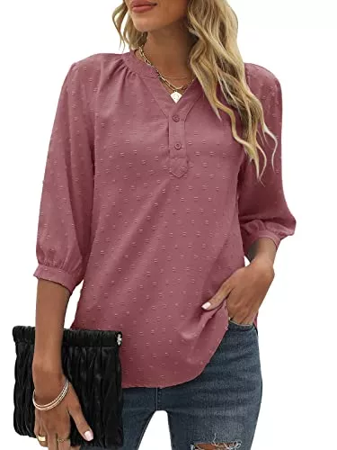 Bequemer Laden Langarmblusen Bequemer Laden Sommer Damen V-Ausschnitt 3/4 Ärmel Casual Tshirt Swiss Dot Knopfleiste Chiffon Oberteile Top T-Shirt Bluse Tunika