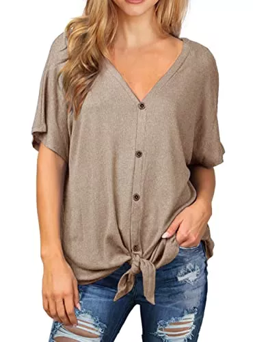 IWOLLENCE Kurzarmblusen Tshirt Damen Sommer Kurzarm Knopf Stricken Waffle Henley Tops Damen Oberteile T-Shirt V Ausschnitt Fledermausärmel Krawattenknoten mit Button