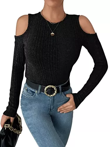 SheIn Langarmshirts SheIn Damen Langarmshirts Cold Shoulder T-Shirts Pullover Rippenstrick Herbstshirt Cut Outs Langarmtops mit Rundhals