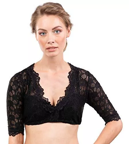 Schöneberger Trachten Couture Langarmblusen Damen Dirndlbluse Spitze schwarz - Elegante halbarm Dirndl Bluse Teil-transparente Stretch Trachtenbluse