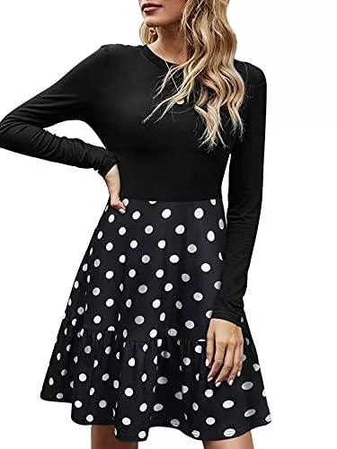 Moyabo Freizeit Moyabo Damen Kleid Langarm Rundhals A-Linie Rüsche MidiKleider Tunika mit Taschen Fuer Herbst und Winter