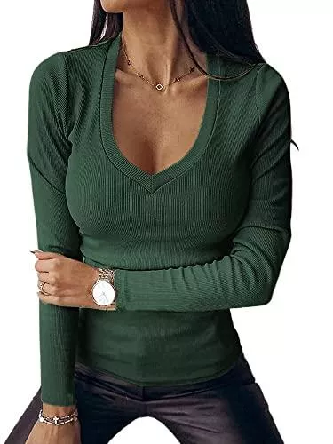 Imily Bela Langarmshirts Imily Bela Damen Pullover V Ausschnitt Gerippt Slim Fit Dünn Pulli Sexy Langarmshirt Basic Oberteile Tunika
