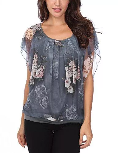 BAISHENGGT Ärmellose Blusen BAISHENGGT Damen Falten Kurzarm Tunika Batwing Rundkragen Bluse