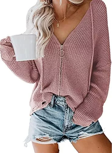 Dokotoo Pullover & Strickmode Dokotoo Damen Sweatshirt V-Auschnitt Langarmshirt Hoodie Strickpullover Sexy Schulterfrei Sweatshirt Langarmshirt Oberteil Loose Sweater Tops S-XL