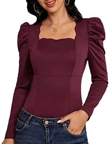 JASAMBAC Langarmblusen JASAMBAC Damen Lamm Bein Ärmel Langarm Top Spitze Quadrat Hals Tight Top Solide Elegante Bluse