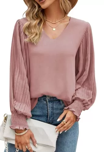 Odosalii Langarmblusen Odosalii Damen Oberteile V Ausschnitt Laternenärmel Chiffon Bluse Lässige Elegant Lose Einfarbig Shirt Tunika Tops