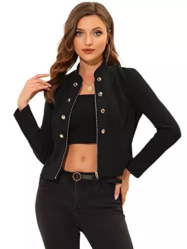 Allegra K Blazer Allegra K Damen Vintage Steampunk Stehkragen Knopf Dekor Reißverschluss Blazer Jacke