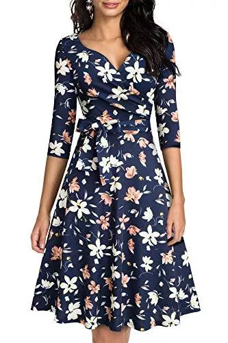 HOMEYEE Cocktail HOMEYEE Damen Retro 50s V-Ausschnitt mit Schärpe Swing Cocktail Party Kleid A240