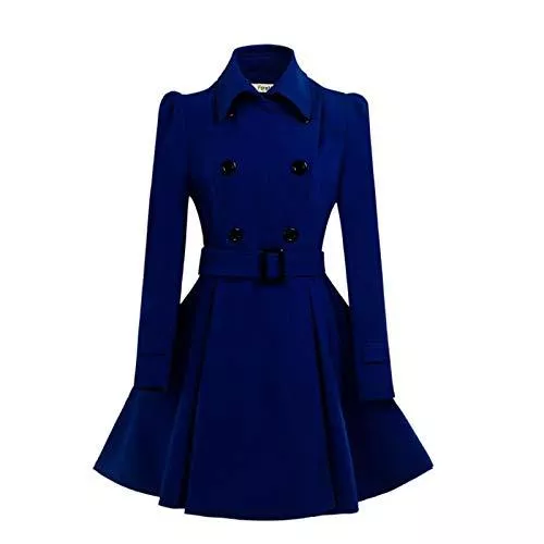 ForeMode Mäntel ForeMode Damen Swing Zweireihiger Wolle Erbsenmantel mit Gürtelschnalle Frühling mittellange lange Ärmel Revers Kleider Outwear