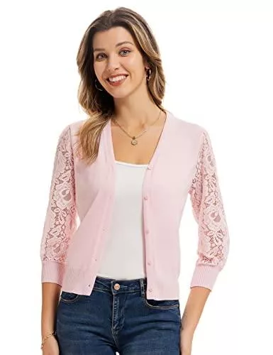 GRACE KARIN Strickjacken GRACE KARIN Damen V-Ausschnitt kurz Strickjacke Spitze Patchwork 3/4 Ärmel Cardigan Button-up Knitwear