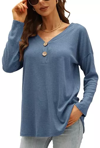 Odosalii Pullover & Strickmode Odosalii Pullover Damen Winter Langarm V-Ausschnitt Knopfoberteile Shirt Oversize Sexy Lang Tunika Solide Bluse Tops
